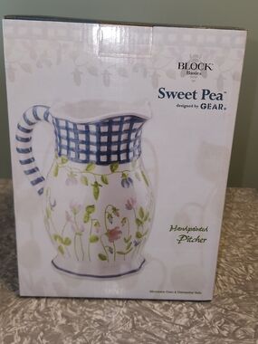 Sweet Pea Floral Ceramic Pitcher in Blue, White, Green, Pink
